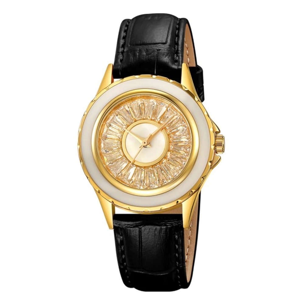 Invicta Celestial Women Watch 70374 Gold Crystal Champagne Dial Black Leather